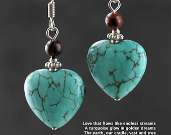 Turquoise heart drop earrings, bridesmaid gift, gift for her, wedding gift, birthday gift, free US shipping, handmade jewelry