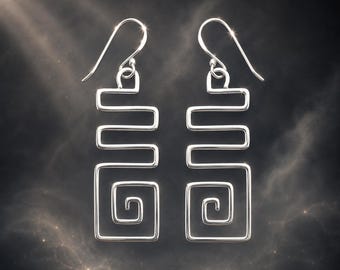 Greek Key Earrings, Sterling Silver Geometric Earrings, Handmade Hammered Wire Earrings, Spiral Dangle Earrings, Minimalist Jewelry