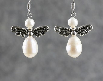 Angel pearl dangle earrings, bridesmaid gift, gift for her, wedding gift, birthday gift, anniversary gift, gift for mom, free US shipping