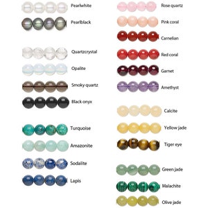 May include: A chart of 18 different types of beads, each with a label identifying the type of stone. The beads are arranged in rows of 8, with each row representing a different type of stone. The stones are all natural and have a variety of colors and textures.