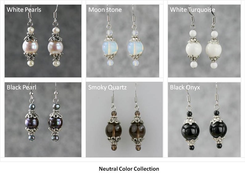 May include: A collection of neutral colored earrings with silver accents. The earrings feature a variety of stones and pearls, including white pearls, moonstone, white turquoise, black pearl, smoky quartz, and black onyx.