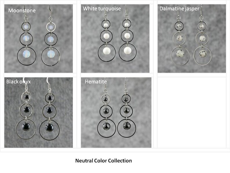 May include: A set of six pairs of dangle earrings featuring different neutral colored stones. The stones are arranged in a graduated size from largest to smallest. The earrings are labeled with the stone names: Moonstone, White Turquoise, Dalmatian Jasper, Black Onyx, Hematite. The text "Neutral Color Collection" is at the bottom of the image.