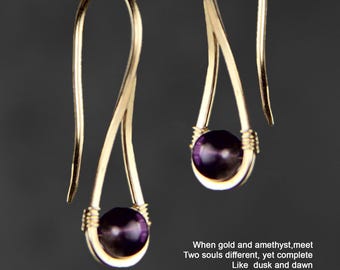 Teardrop earrings, simple unique handmade, amethyst, 14k gold filled, 14 rose gold filled, copper, us freeshipping