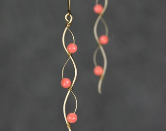 Wavy earrings, Long earrings, 14k Gold filled, Pink coral, bridesmaid gift, gift for her, wedding gift, birthday gift, free US shipping