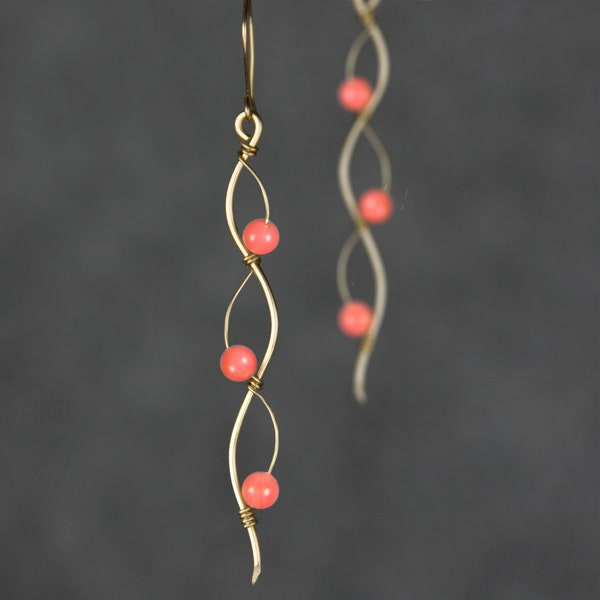 Wavy earrings, Long earrings, 14k Gold filled, Pink coral, bridesmaid gift, gift for her, wedding gift, birthday gift, free US shipping
