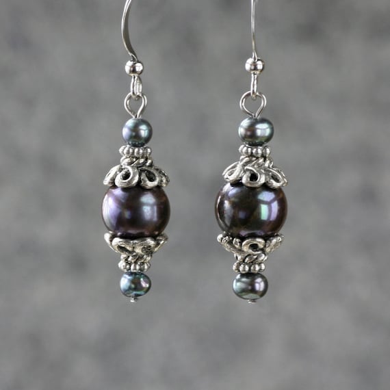 Black pearl earrings, drop earrings, pearl jewelry, dangle earrings, Handmade jewlery, Personalized jewelry, Gift for her, Free US Shipping