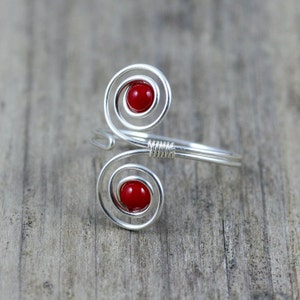 Sterling silver ring, Red coral, Spiral ring, Adjustable ring, Handmade jewelry, Personalized jewlery, Gift for her, Free US Shipping