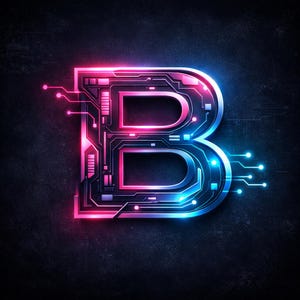 May include: A digital art rendering of the letter "B" in a futuristic style. The letter is outlined with a circuit board design and illuminated with neon pink and blue lights against a dark background.