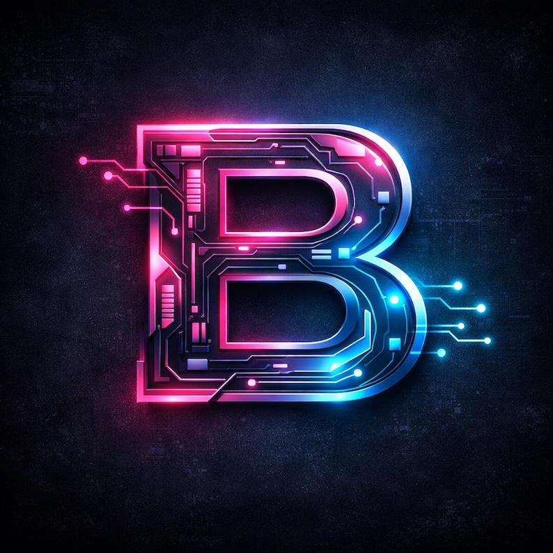 Puede incluir: Representaci&oacute;n digital de la letra "B" con un dise&ntilde;o de placa de circuito e iluminaci&oacute;n de ne&oacute;n rosa y azul. El dise&ntilde;o futurista destaca sobre un fondo oscuro y texturizado.