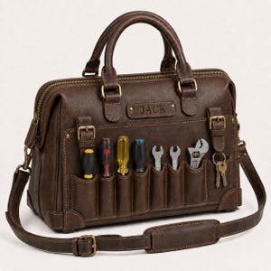 May include: A dark brown leather tool bag with two top handles and an adjustable shoulder strap. The front features a personalized leather patch with the name JACK, multiple exterior pockets holding various screwdrivers, wrenches, and keys.