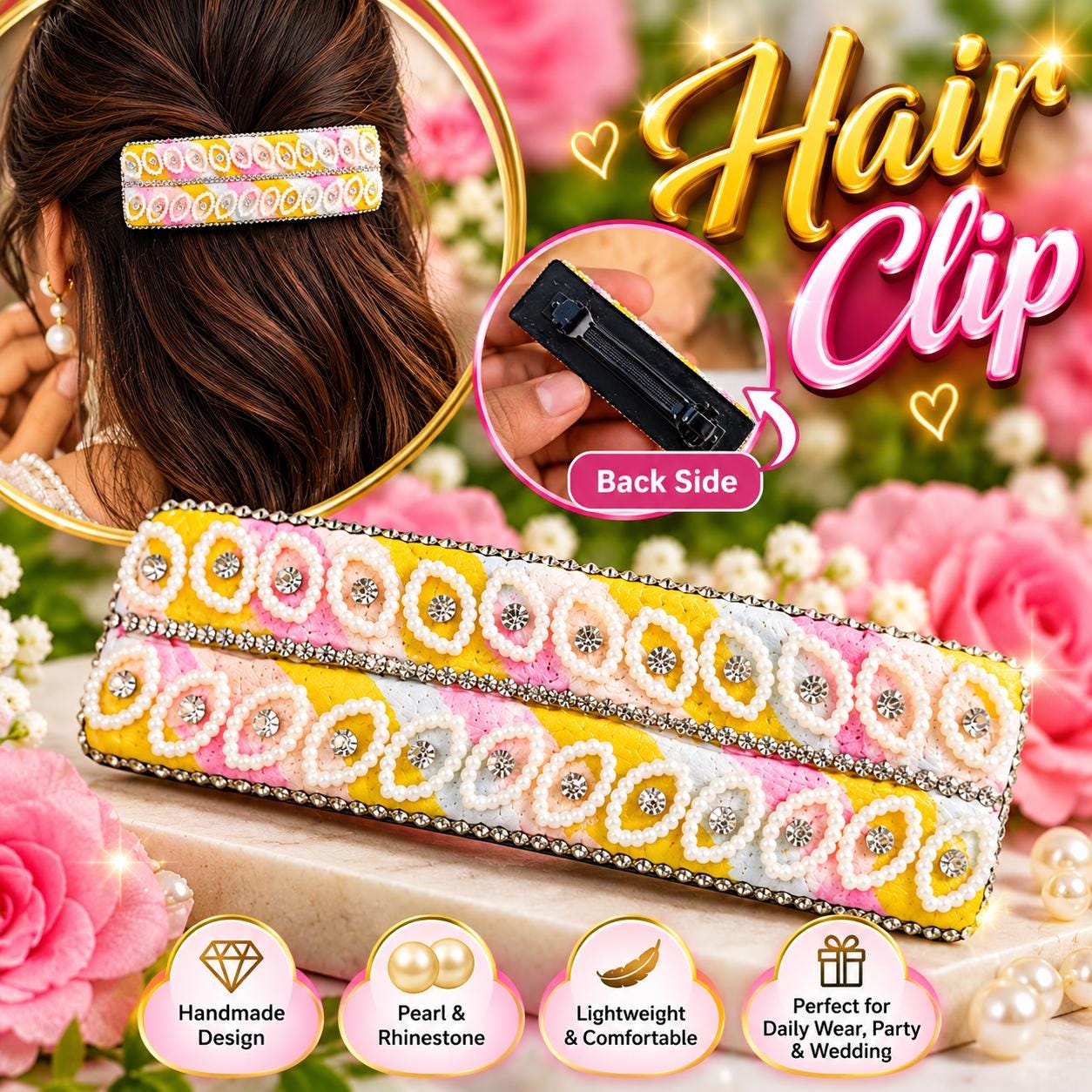 Multicolor Hair Barrette, Handmade Pearl Rhinestone Hair Clip, Yellow & Light Pink