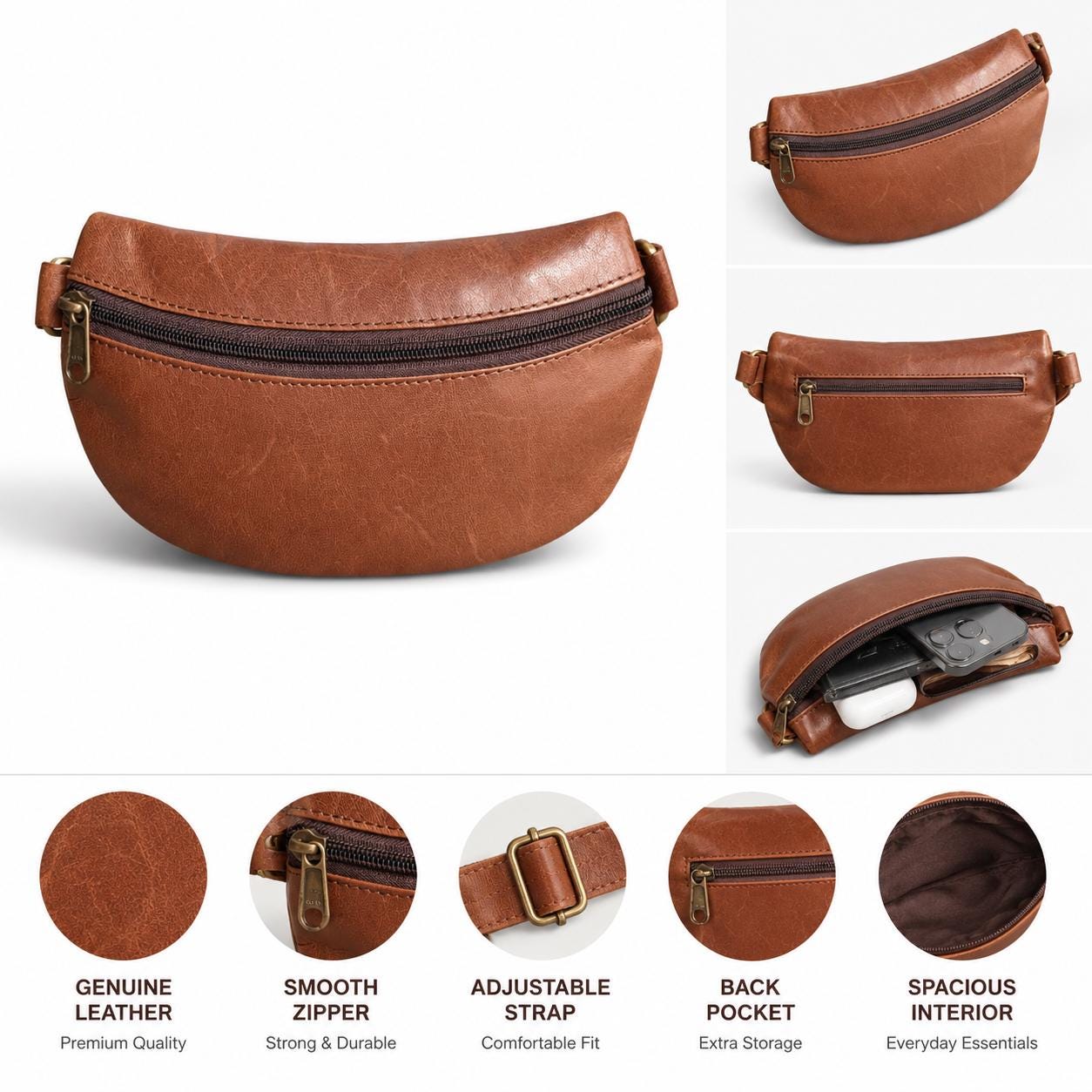 Genuine Leather Cognac Brown Belt Bag, Adjustable Crossbody Fanny Pack alternate view