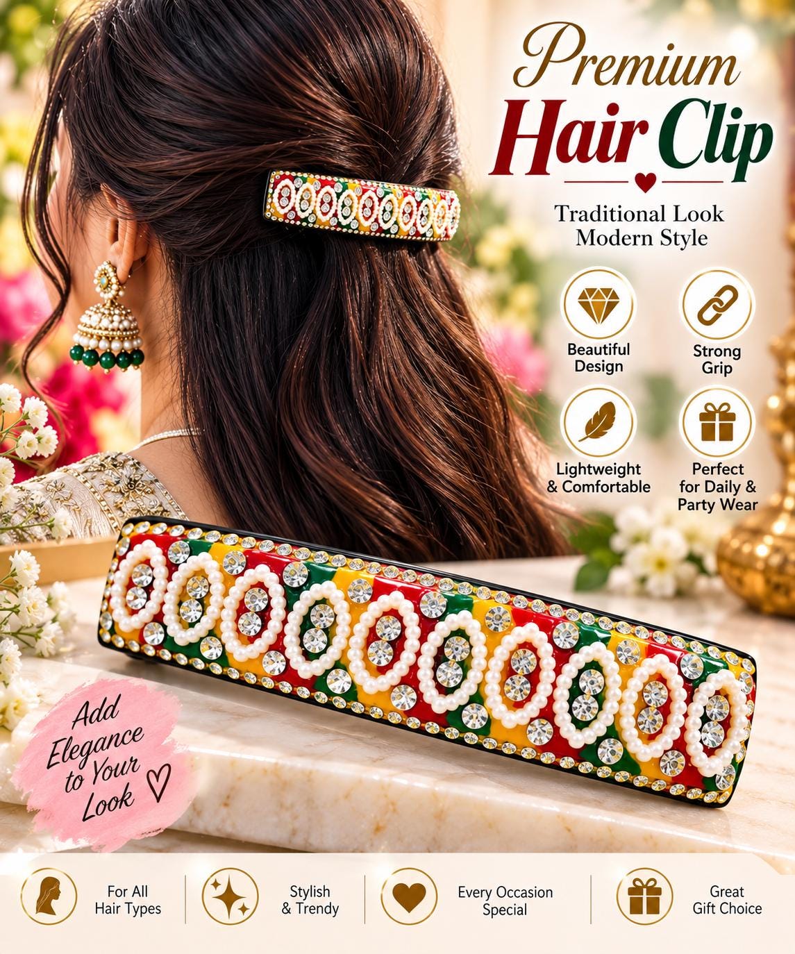 Multicolor Beaded Hair Clip, Pearl & Rhinestone Barrette, Traditional Indian Style