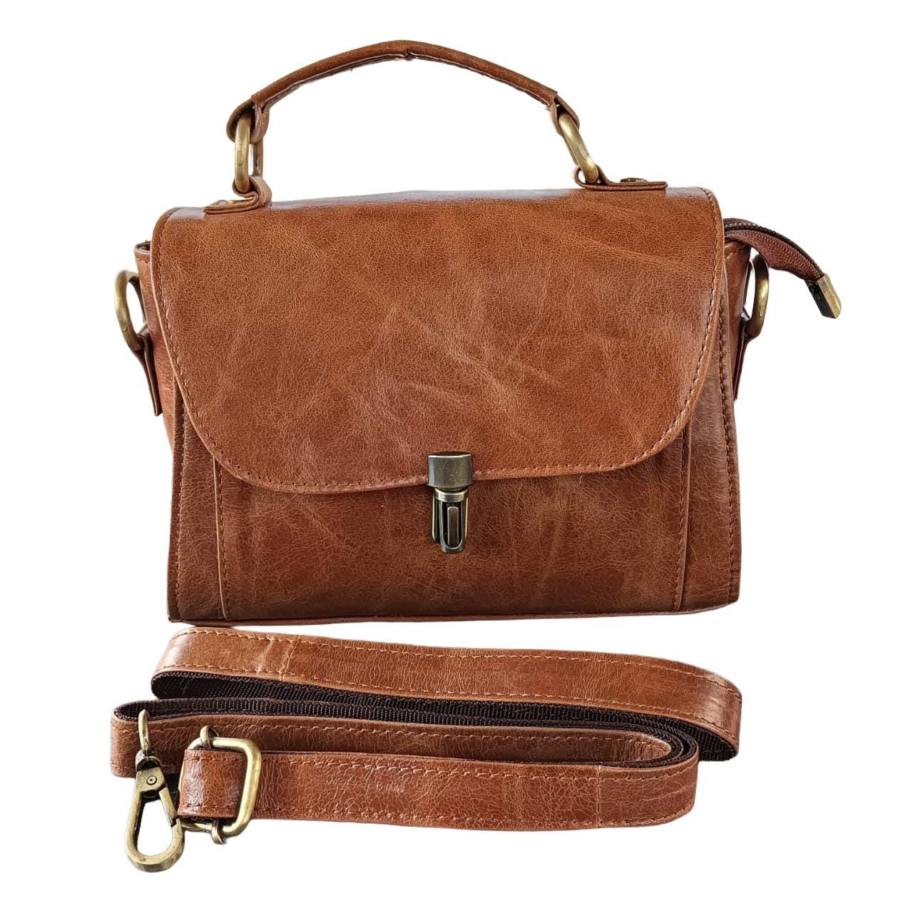 Vintage Full-Grain Leather Mini Satchel, Cognac Brown Crossbody Purse (3-Way Convertible)