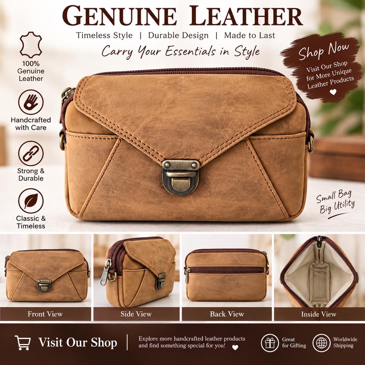 Genuine Leather Crossbody Bag for Women, Tan Vintage Shoulder Bag, Small Everyday Purse alternate view