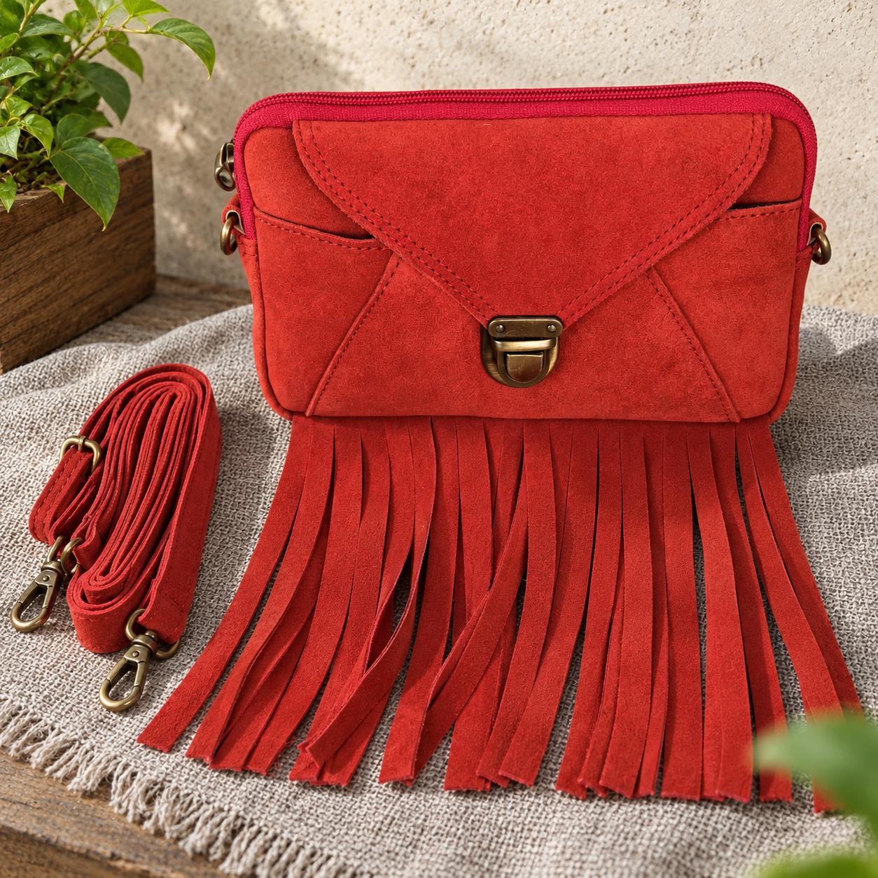 Red Suede Fringe Crossbody Bag, Boho Western Shoulder Purse, Vintage Fringe Handbag alternate view