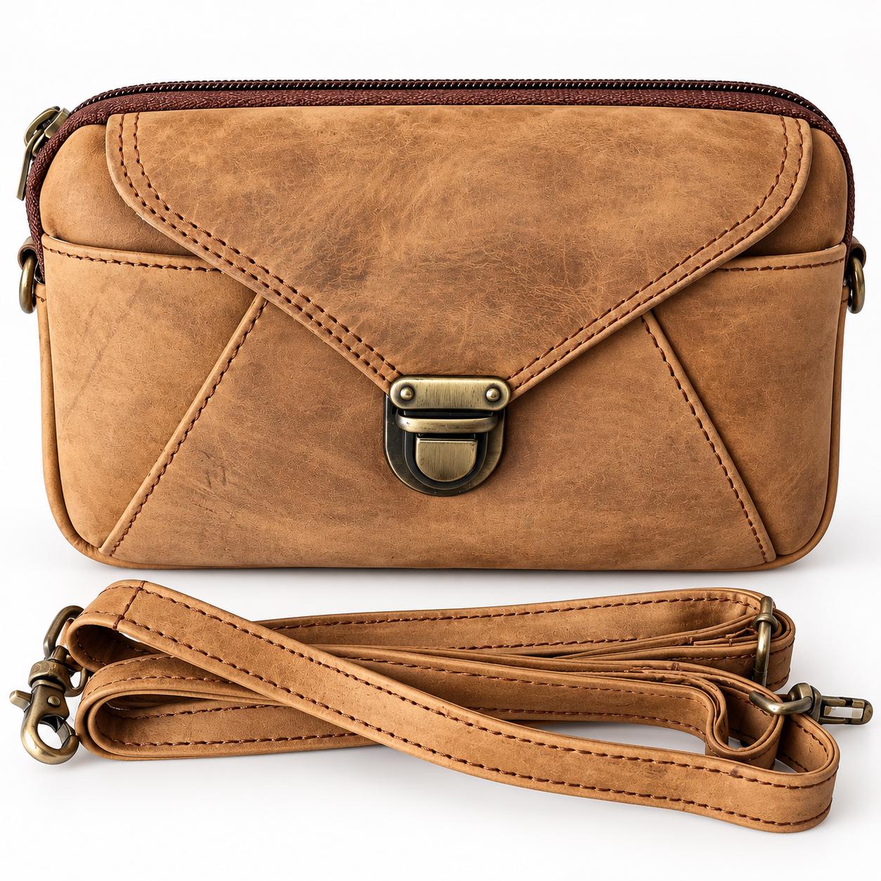 Genuine Leather Crossbody Bag for Women, Tan Vintage Shoulder Bag, Small Everyday Purse