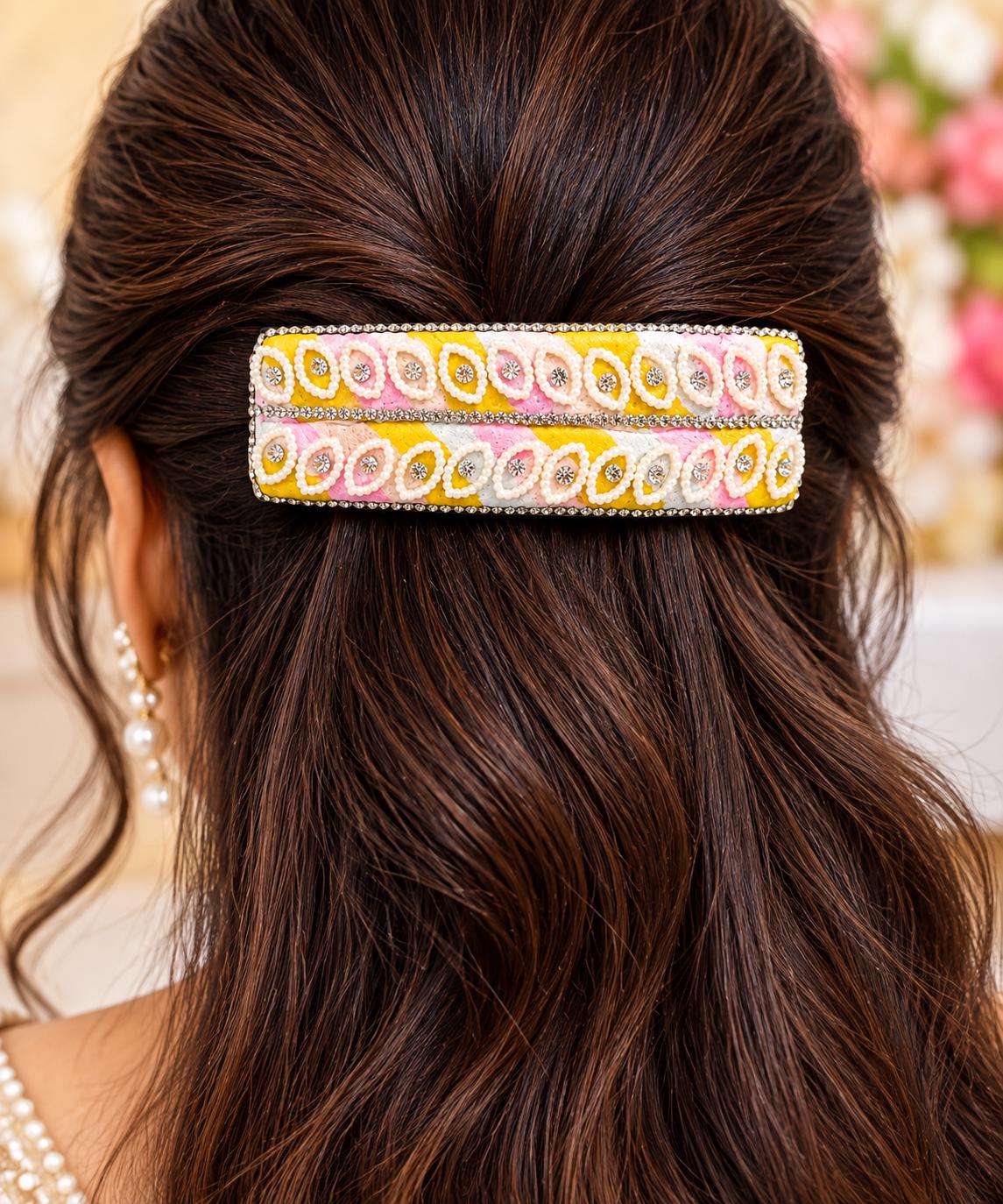 Multicolor Hair Barrette, Handmade Pearl Rhinestone Hair Clip, Yellow & Light Pink alternate view