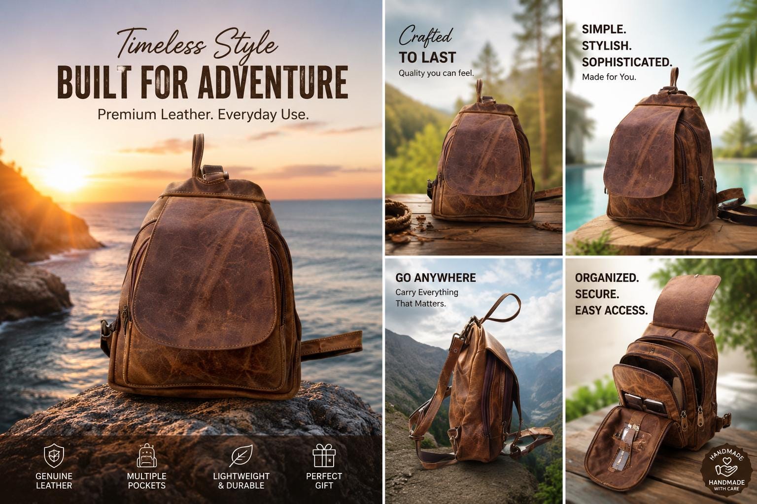 Handmade Cognac Mini Rucksack, Distressed Vintage Bag, Brass Hardware Daypack Gift alternate view