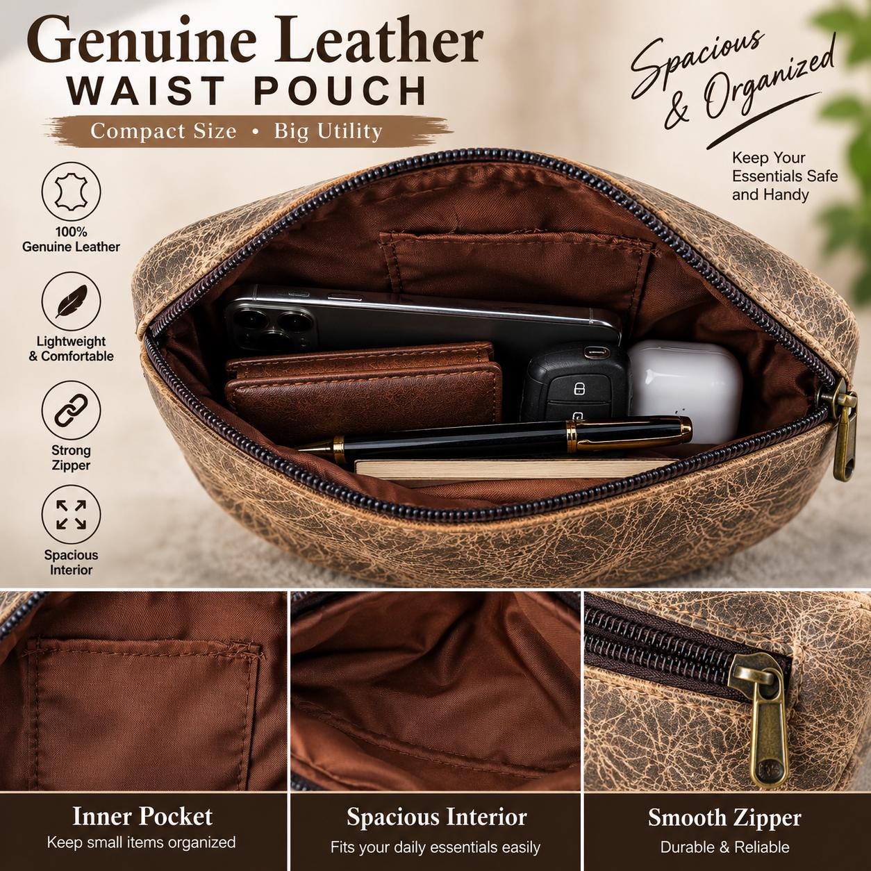 Genuine Leather Waist Bag, Distressed Tan Fanny Pack, Adjustable Strap Pouch alternate view