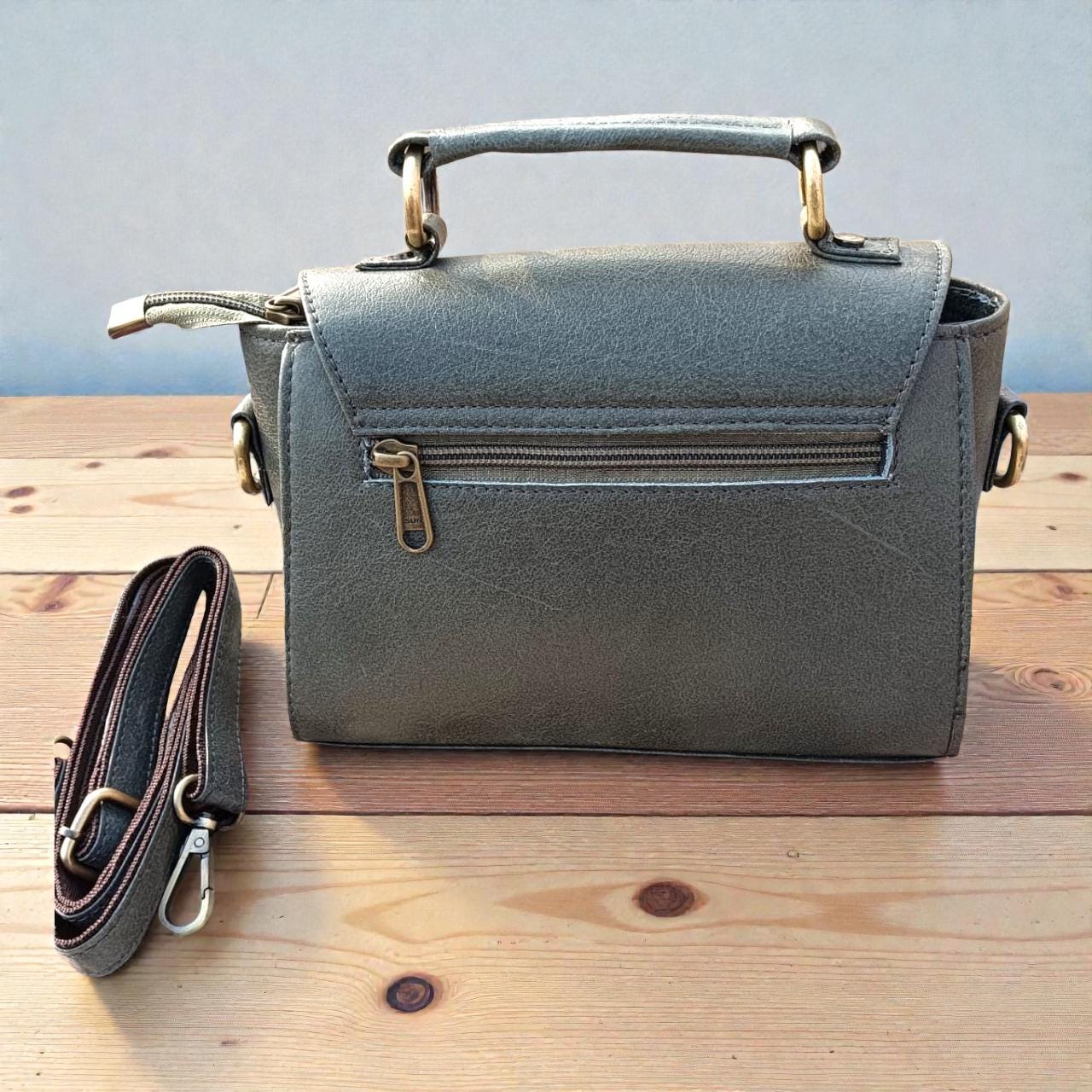Dark Grey Leather Satchel, Vintage Crossbody Bag, Brass Hardware, Handmade Purse alternate view