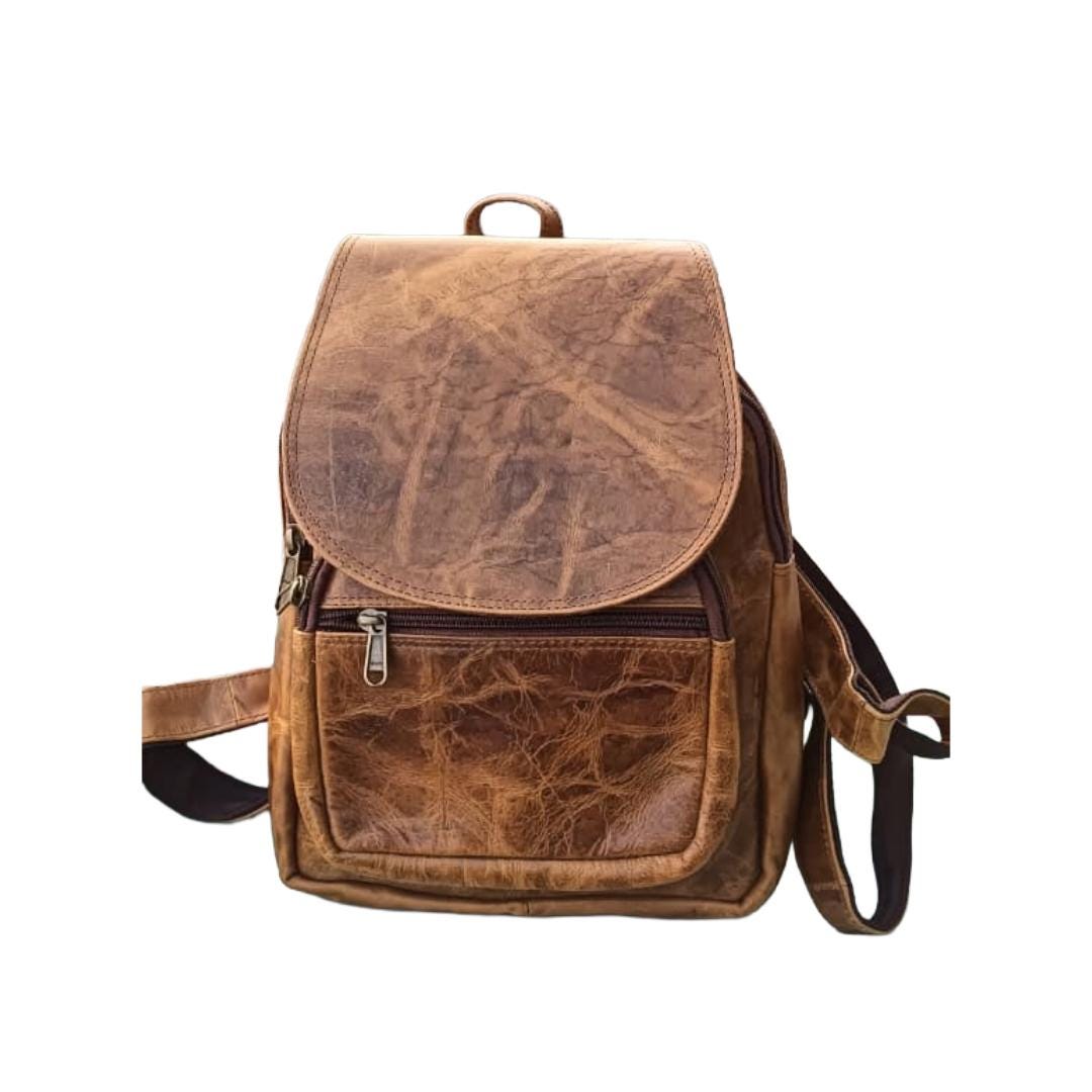 Cognac Genuine Leather Convertible Backpack, Crossbody Shoulder Bag, Small Travel Daypack