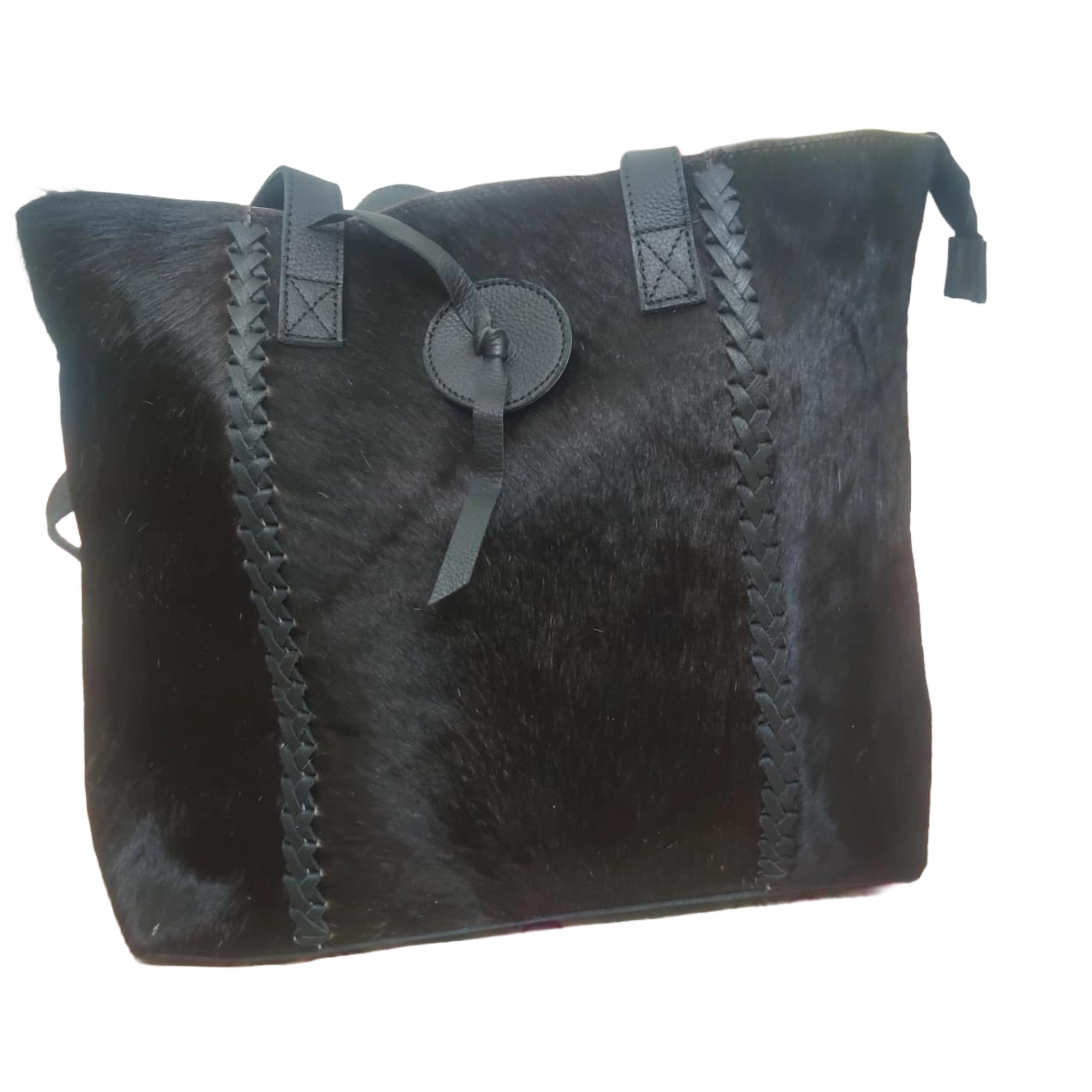 Black Cowhide Tote Bag, Hair-On Hide Shopper, Braided Leather Handbag, Laptop Work Bag alternate view