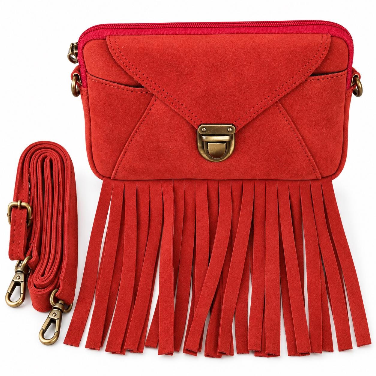 Red Suede Fringe Crossbody Bag, Boho Western Shoulder Purse, Vintage Fringe Handbag