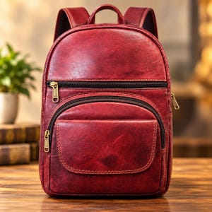 Könnte beinhalten: Ein dunkelroter Rucksack mit verwitterter Textur, ausgestattet mit einem großen Hauptfach, einer kleineren Vordertasche mit geschwungener Klappe und einer horizontalen Reißverschlusstasche darüber. Der Rucksack hat goldfarbene Reißverschlüsse und Schultergurte.