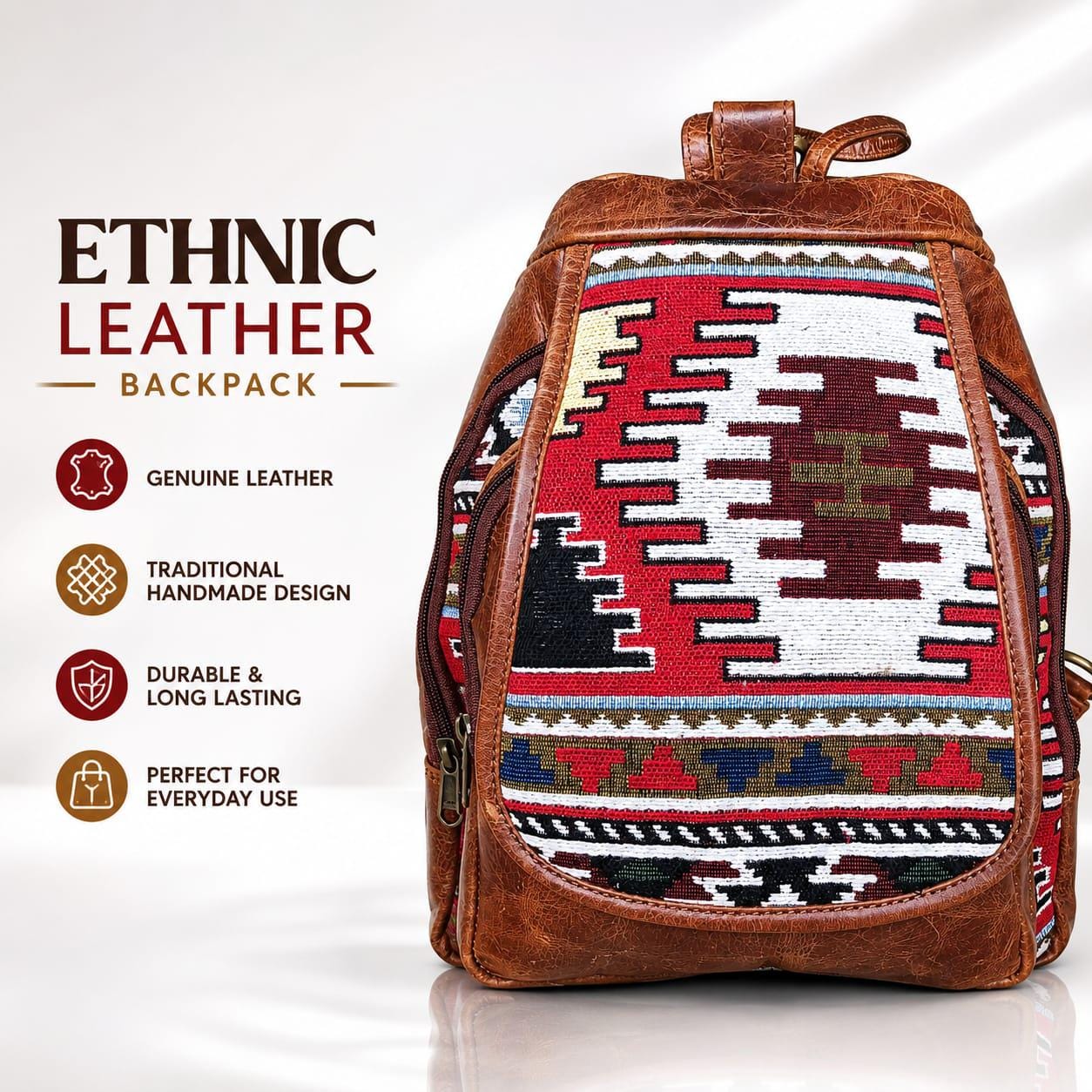 Genuine Leather Backpack, Boho Woven Pattern, Vintage Brown Travel Daypack alternate view