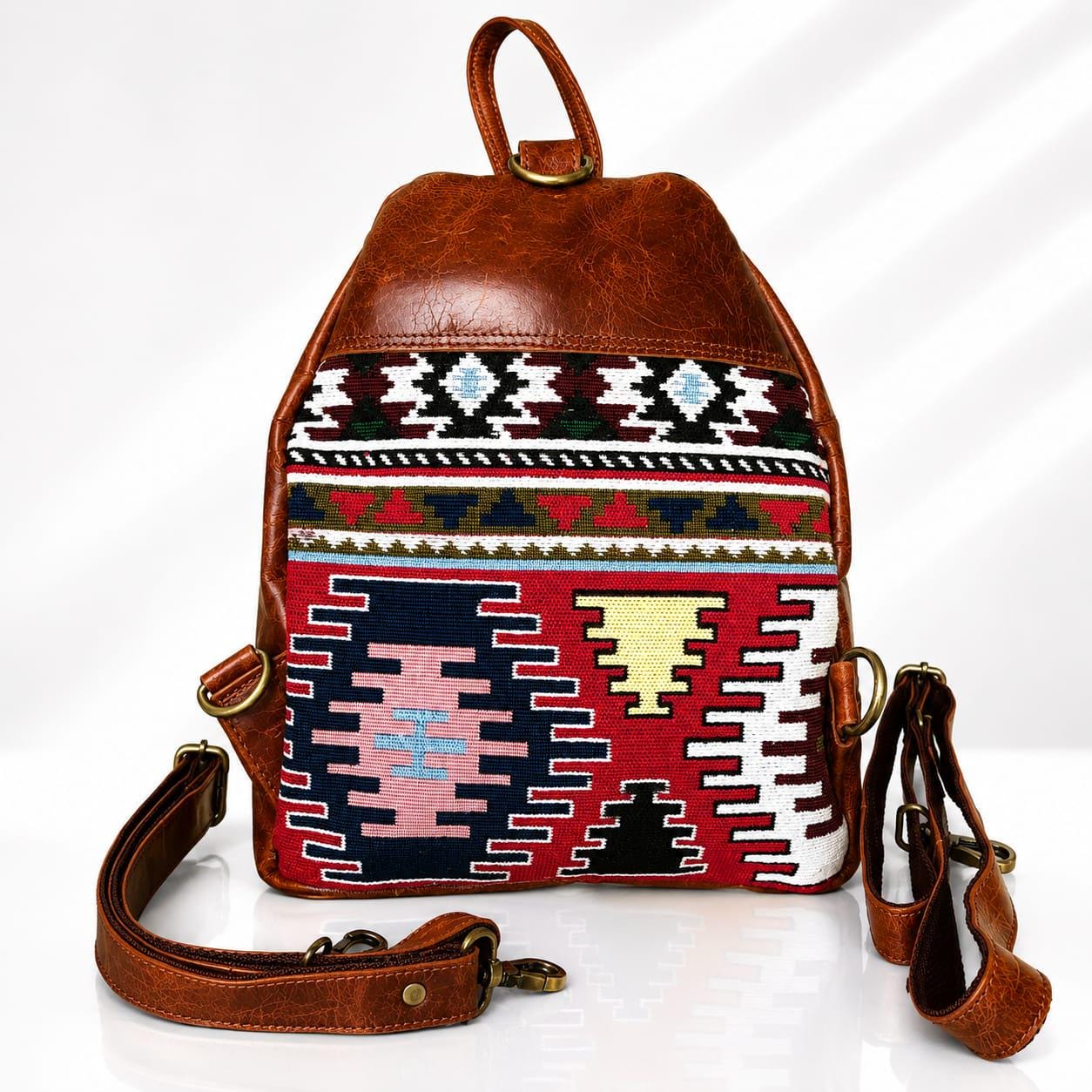 Genuine Leather Backpack, Boho Woven Pattern, Vintage Brown Travel Daypack