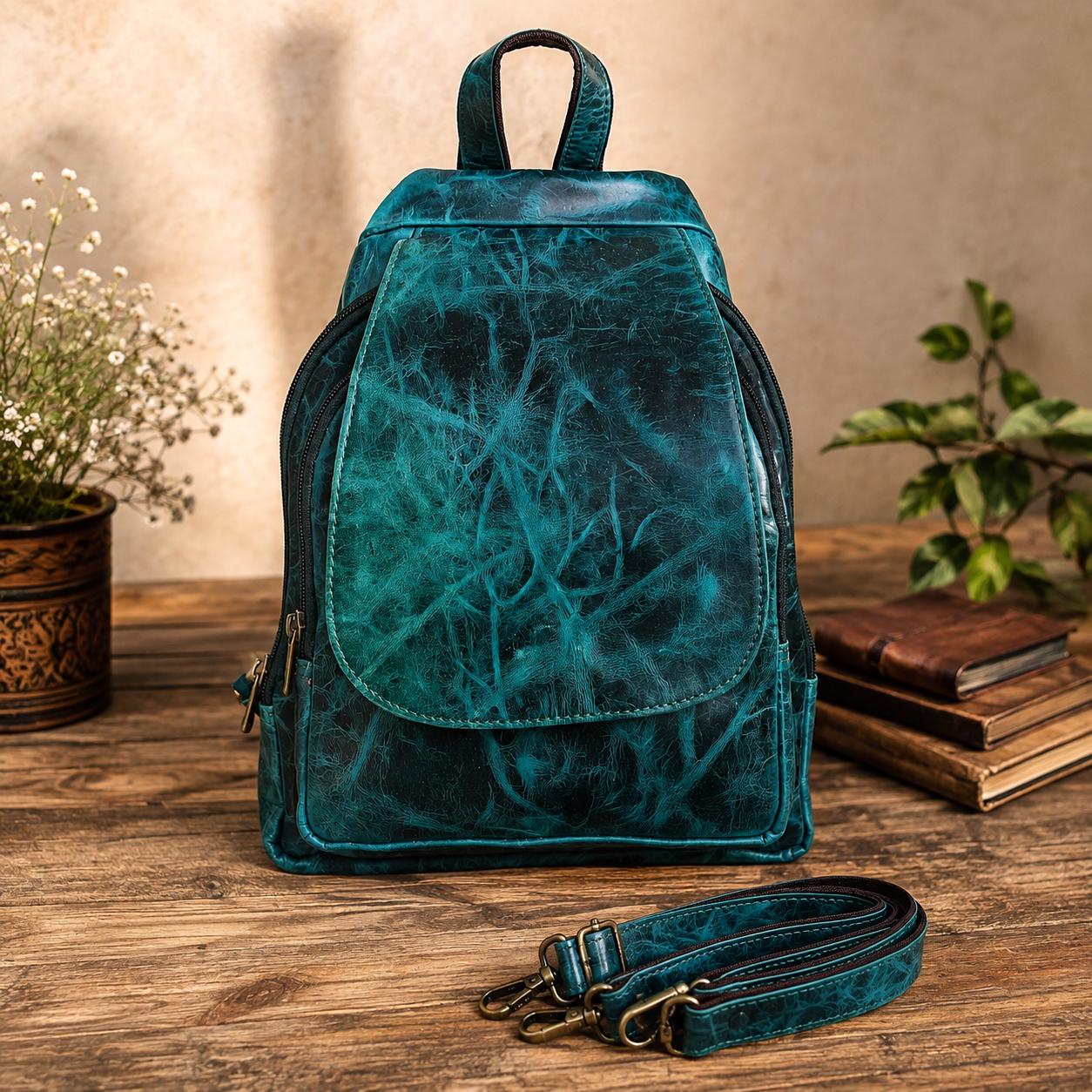 Teal Leather Backpack, Distressed Backpack, Vintage Style Daypack