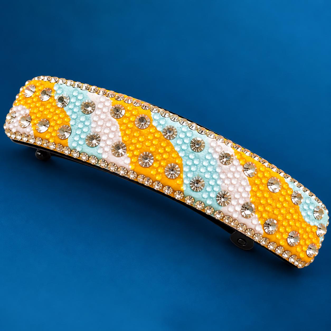 Handmade Rhinestone Beaded Hair Barrette, Yellow Blue White Statement Accessory