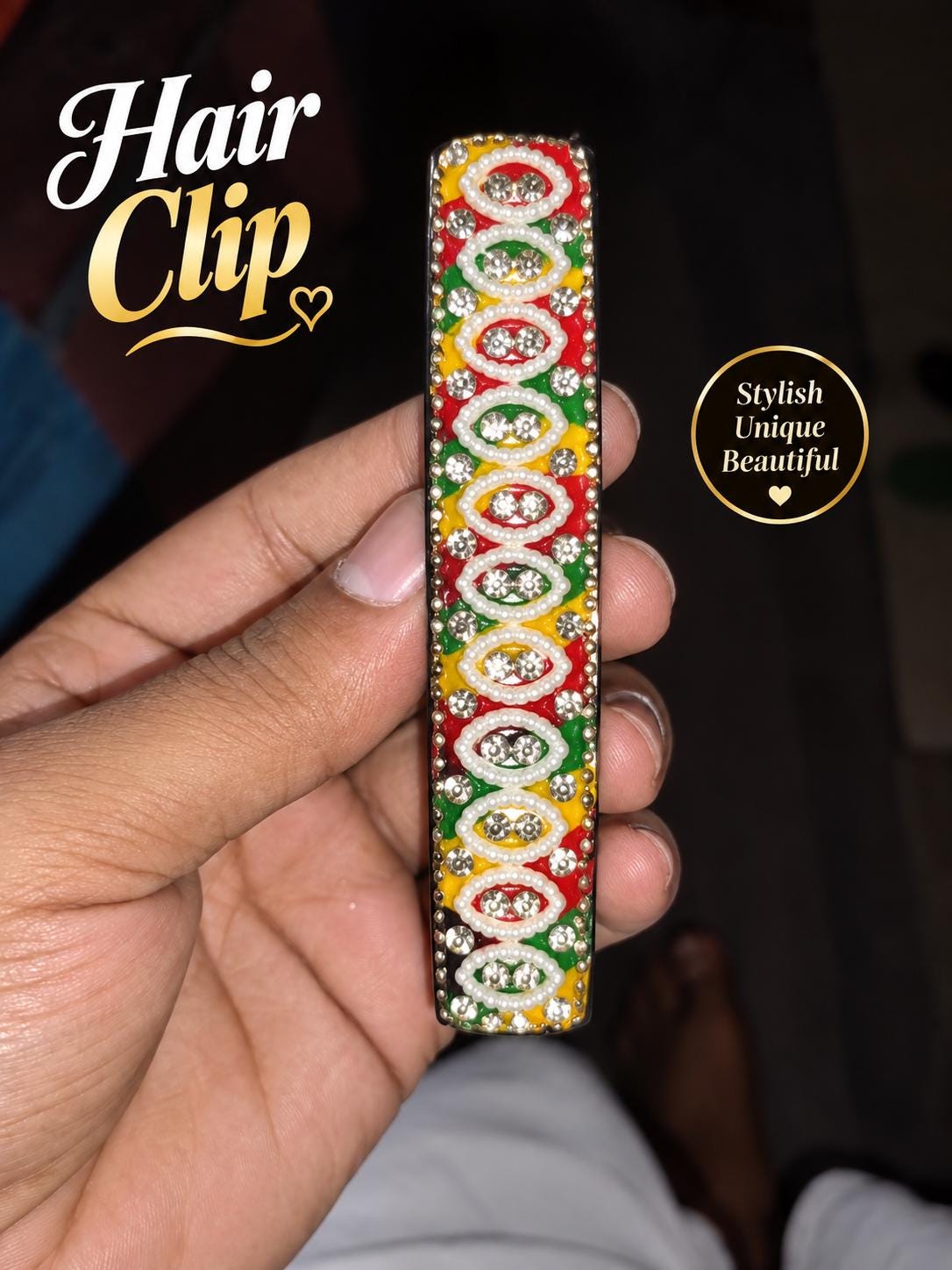 Multicolor Beaded Hair Clip, Pearl & Rhinestone Barrette, Traditional Indian Style alternate view