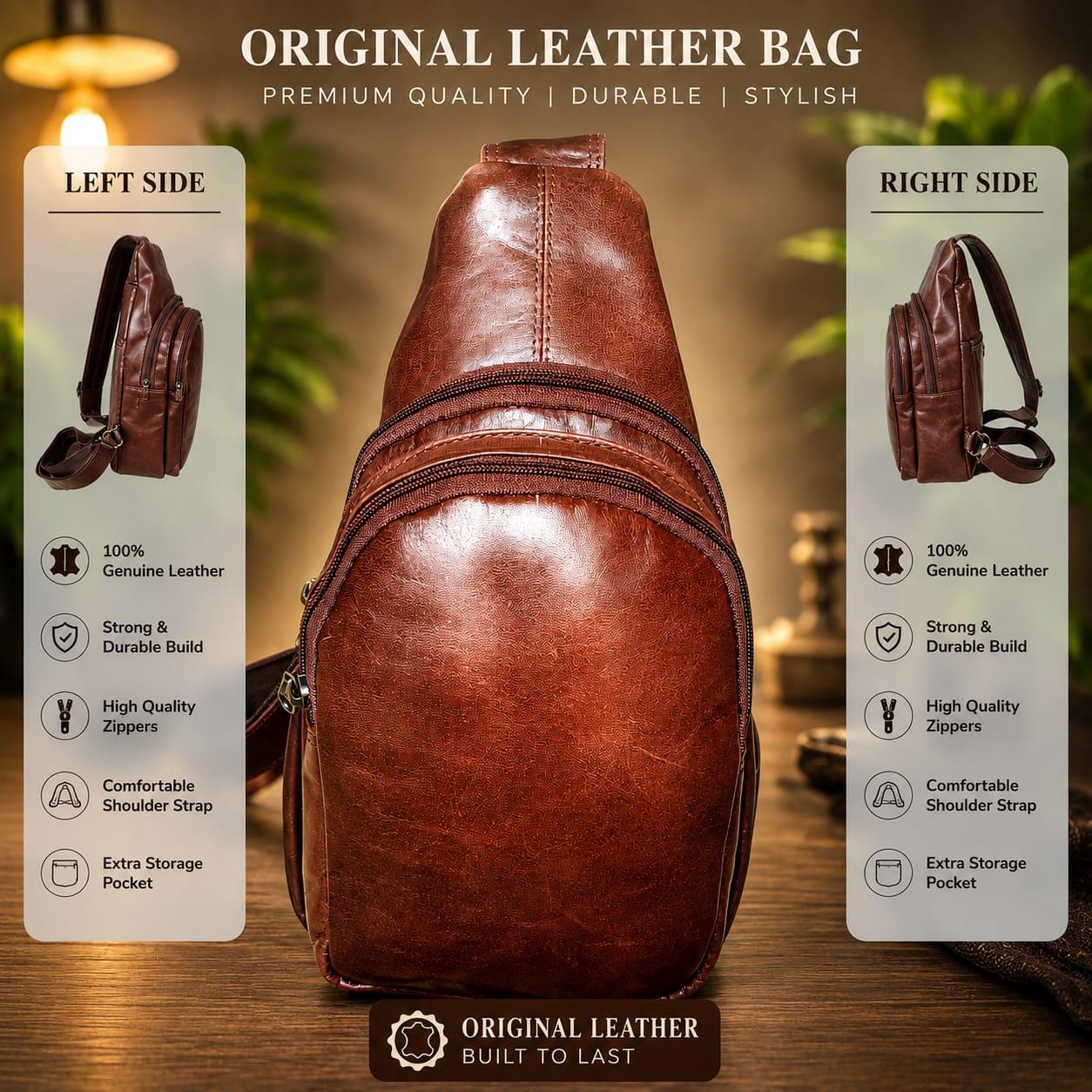 Genuine Leather Sling Bag for Men – Crossbody Shoulder Bag, Vintage Style, Durable Construction alternate view