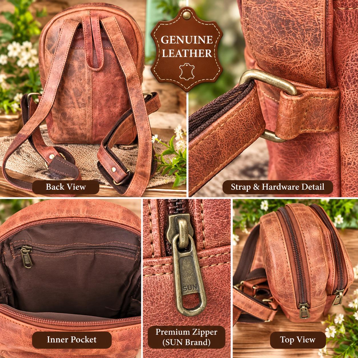 Vintage Cognac Brown Leather Backpack, Distressed Texture, Antique Hardware alternate view