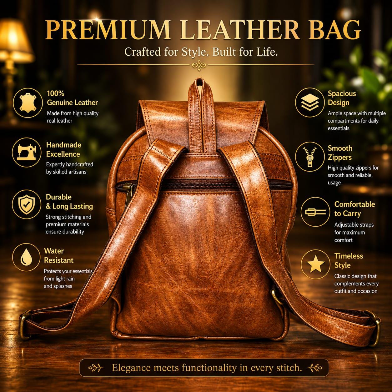 Cognac Genuine Leather Convertible Backpack, Crossbody Shoulder Bag, Small Travel Daypack alternate view