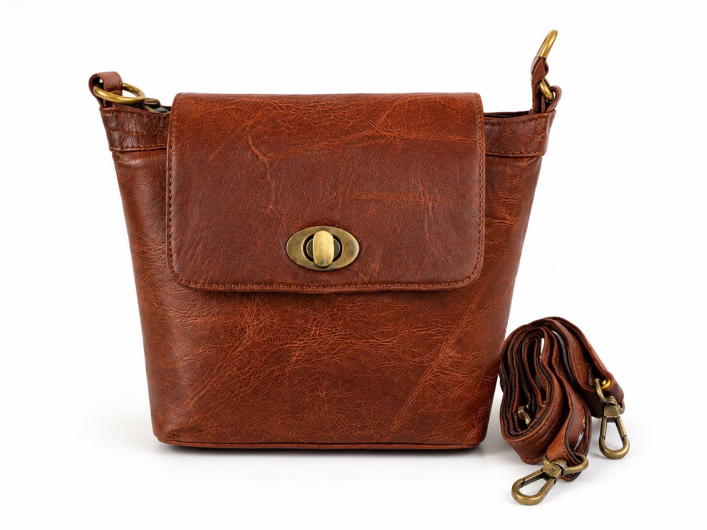 Handmade Full-Grain Leather Mini Satchel, Cognac Twist Lock Crossbody Bag