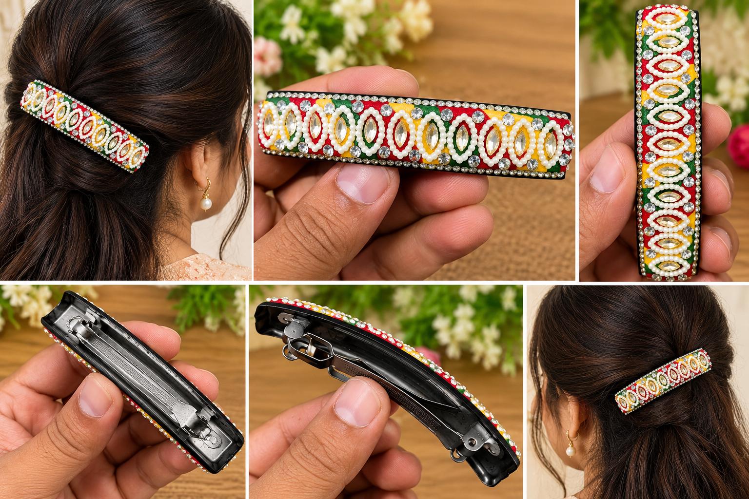 Handmade Beaded Hair Barrette, Colorful Rhinestone Indian Ethnic Hair Clip (4 x 1.5 Inch) alternate view