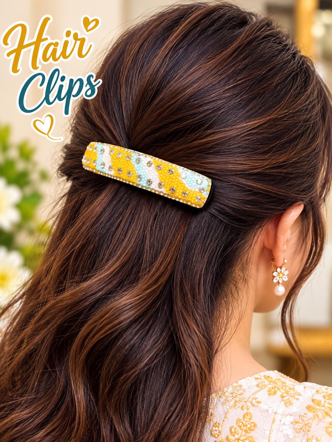 Handmade Rhinestone Beaded Hair Barrette, Yellow Blue White Statement Accessory alternate view