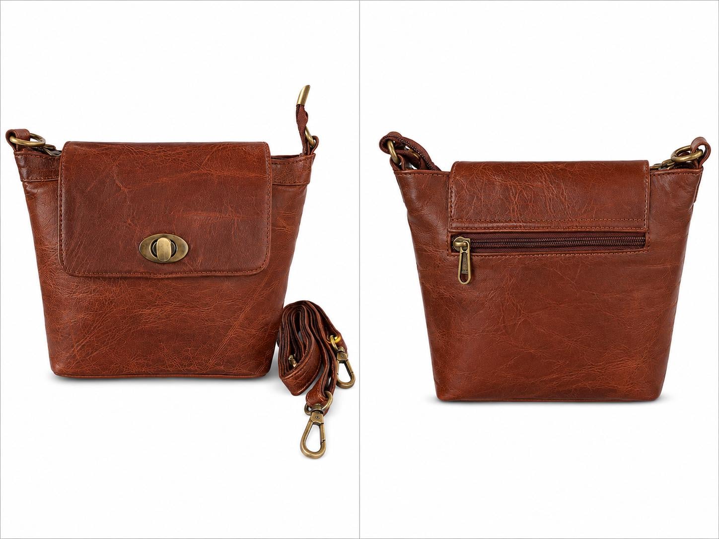 Handmade Full-Grain Leather Mini Satchel, Cognac Twist Lock Crossbody Bag alternate view