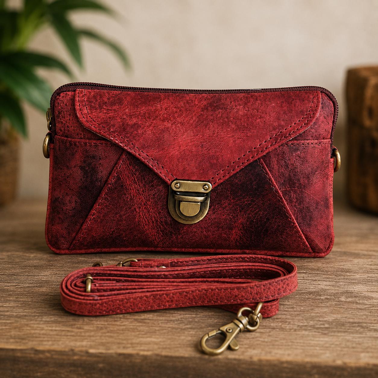 Burgundy Distressed Leather Crossbody Bag, Envelope Shoulder Purse, Antique Hardware