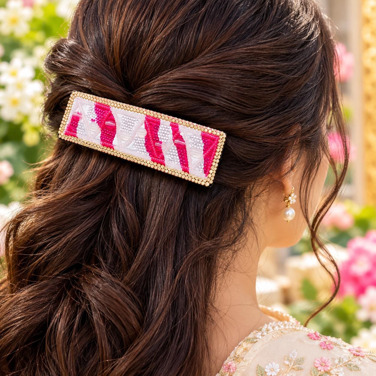 Strawberry Red Beaded Hair Clip, White Embellished Barrette, Rhinestone Hair Accessory alternate view