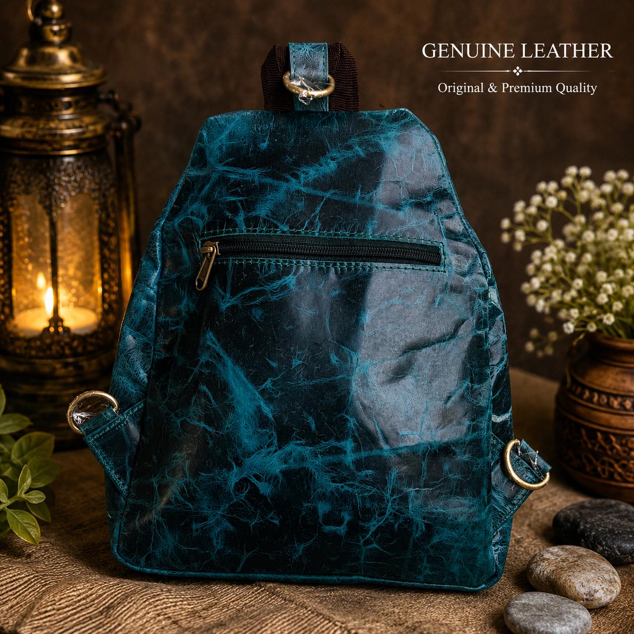 Teal Leather Backpack, Distressed Backpack, Vintage Style Daypack alternate view