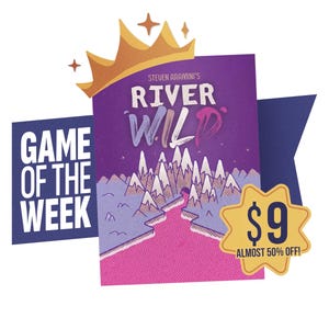 Pode incluir: Gráfico promocional de "River Wild" de Steven Aramini, com uma capa de livro roxa mostrando uma ilustração de rio e montanha. Inclui uma coroa dourada, uma faixa de "Jogo da Semana" e uma estrela amarela com "$9" e "Quase 50% de desconto!"