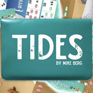 May include: A teal board game box with the word "TIDES" in large white letters. The game is by Mike Berg and is for 1-2 players. Game cards and tokens are scattered around the box, featuring beach-themed illustrations.