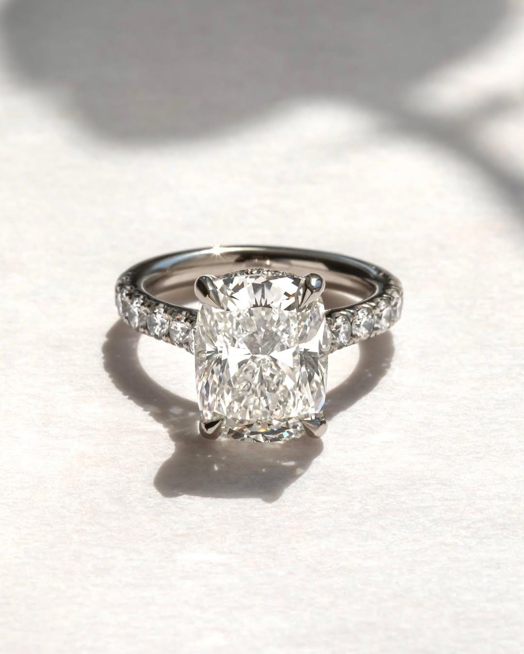 2 CT Cushion Cut Moissanite Solitaire Accent Ring, Hidden Halo ...