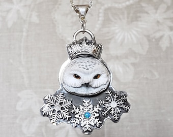 Snowy Owl Necklace, Sterling Silver Crown and Snowflakes, Handmade Pendant for Owl Lovers