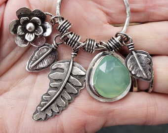 Handmade Sterling Silver Charm Necklace with Fern Leaf, Flower and Green Gemstone, Layering Necklace
