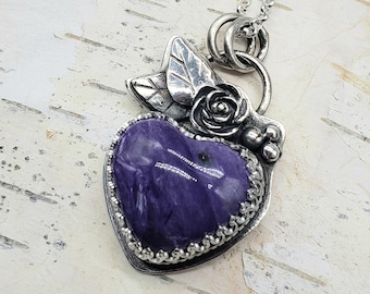 Sterling Silver Purple Charoite Heart Pendant Necklace, Handmade Flowers Jewelry